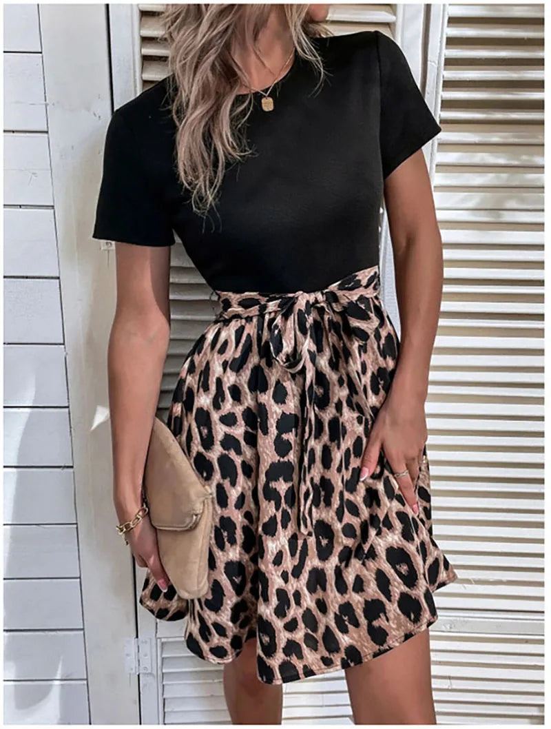 Kvinnors Miniklänning Leopardtryck Färgblockerad Storlek M Polyester-Elastan-5