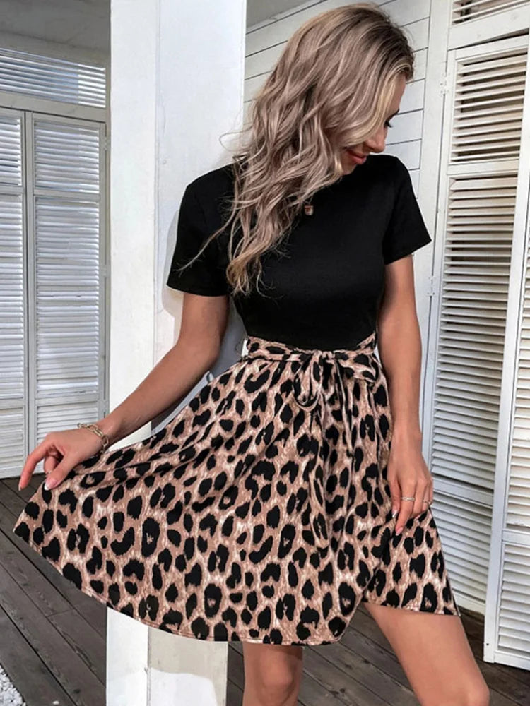 Kvinnors Miniklänning Leopardtryck Färgblockerad Storlek M Polyester-Elastan-1