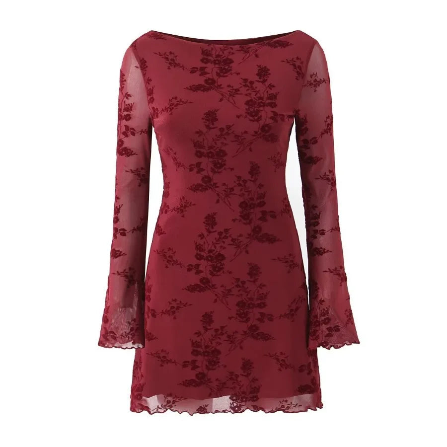 Variant image for Kvinnor Kort Klänning Röd Storlek M Spets och Blommönster-4